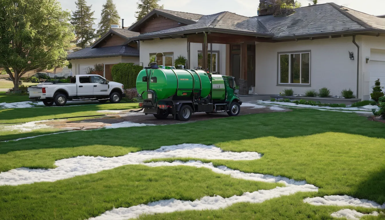 Septic tank pumping truck parked in a Novi home driveway with a hose running to the lawn
